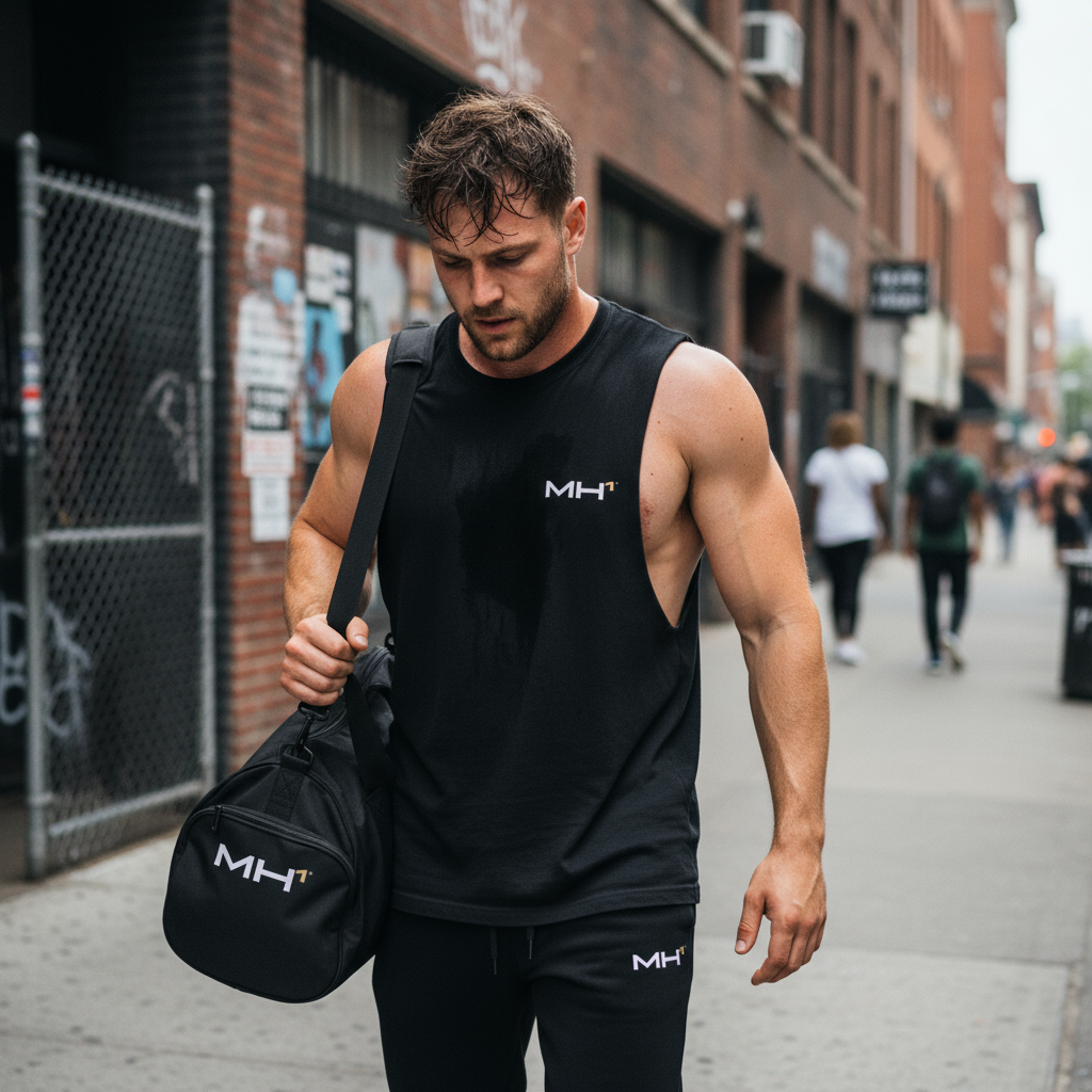 Man in gym attire walking with a bag on a city street.
