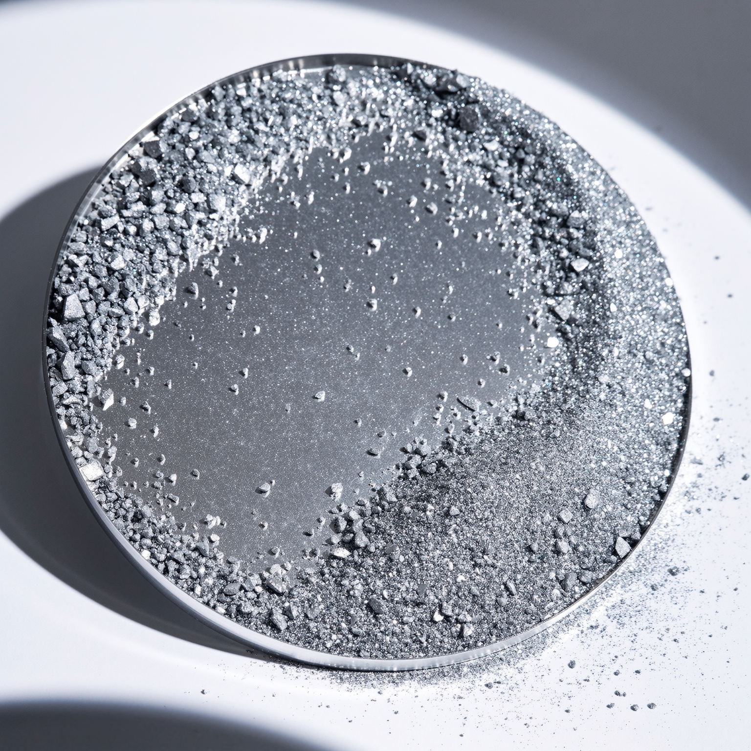 Metallic particles scattered on a round mirror-like surface.