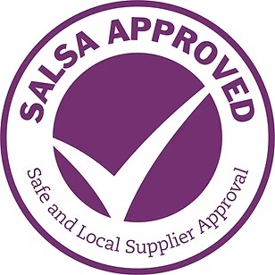 Purple circular logo with 'SALSA APPROVED' and a checkmark in the center.