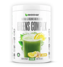 A white tub of Bioedge Greens Complex with a glass of green juice garnished with lemon and ginger.