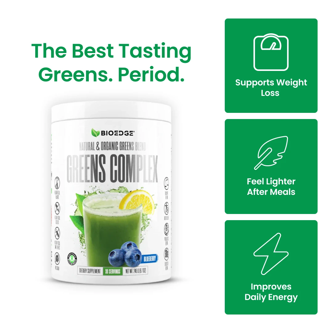 Ad for Bioedge Greens Complex showing the container, a green drink, and text listing health benefits.