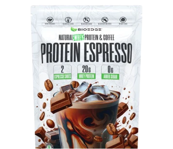 A white pouch of Bioedge Protein Espresso powder with a graphic of iced coffee and chocolate.
