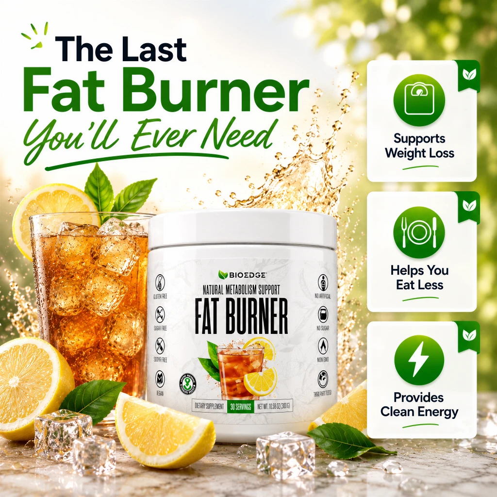 An advertisement for Bioedge Fat Burner supplement, shown with iced tea, lemons, and icons listing benefits.