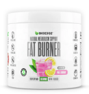 A white tub of Bioedge Fat Burner supplement in pink lemonade flavor, against a white background.