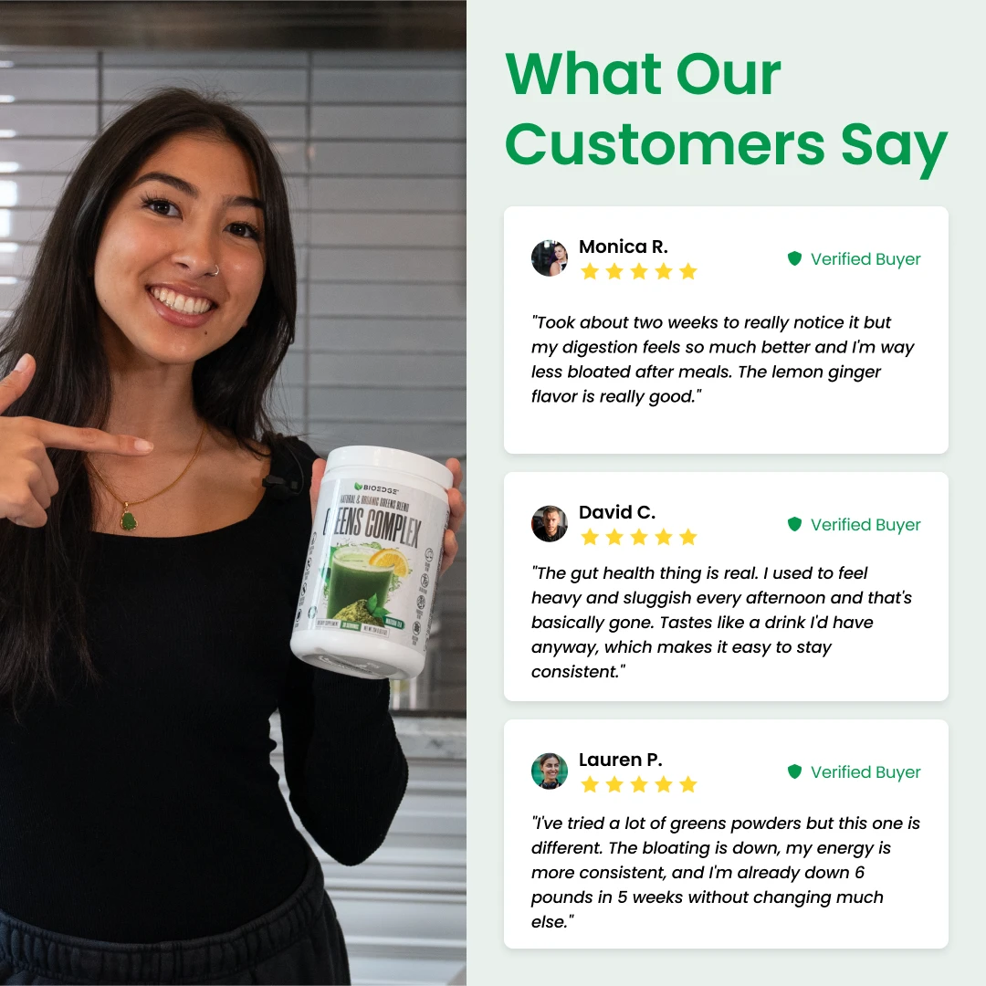A woman holds a container of Greens Complex next to three positive customer reviews.