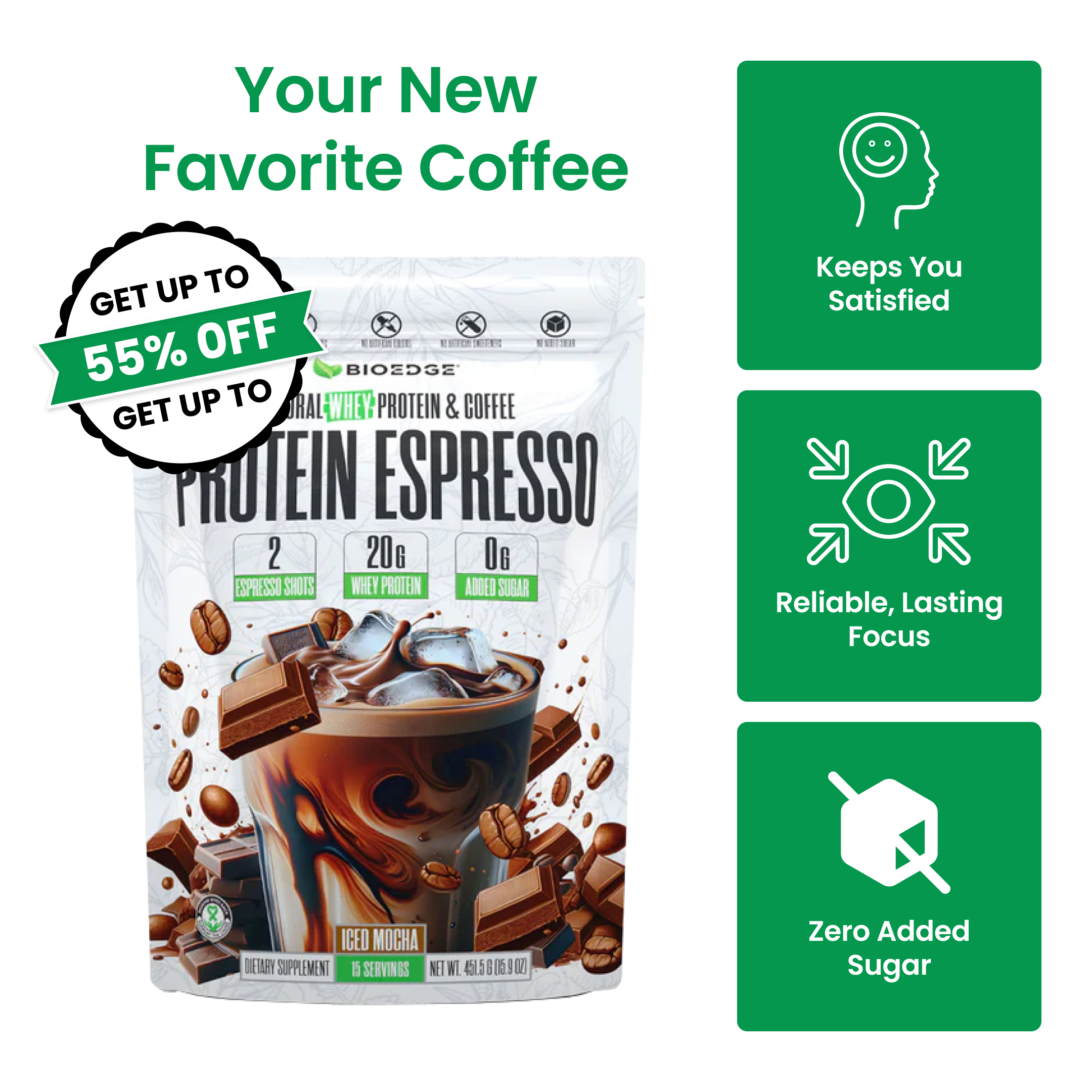 An advertisement for Bioedge Protein Espresso Iced Mocha, showing the package, a drink, and product benefits.