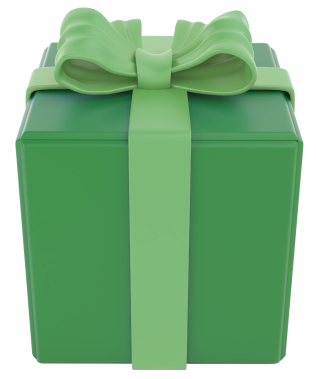 A green gift box with a light green ribbon and a bow on top against a white background.