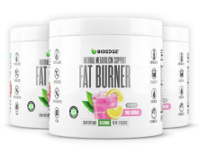 Three white tubs labeled 'NATURAL METABOLISM SUPPORT FAT BURNER' with pink lemonade branding.