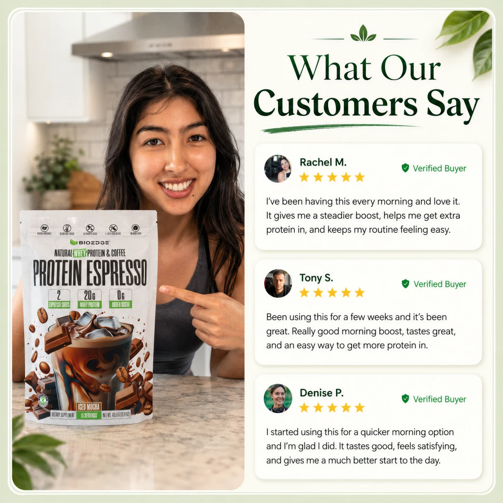 A woman points to a bag of Protein Espresso next to positive customer reviews for the product.