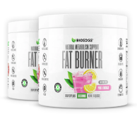 Two white tubs of Biososs Fat Burner dietary supplement in pink lemonade flavor against a white background.