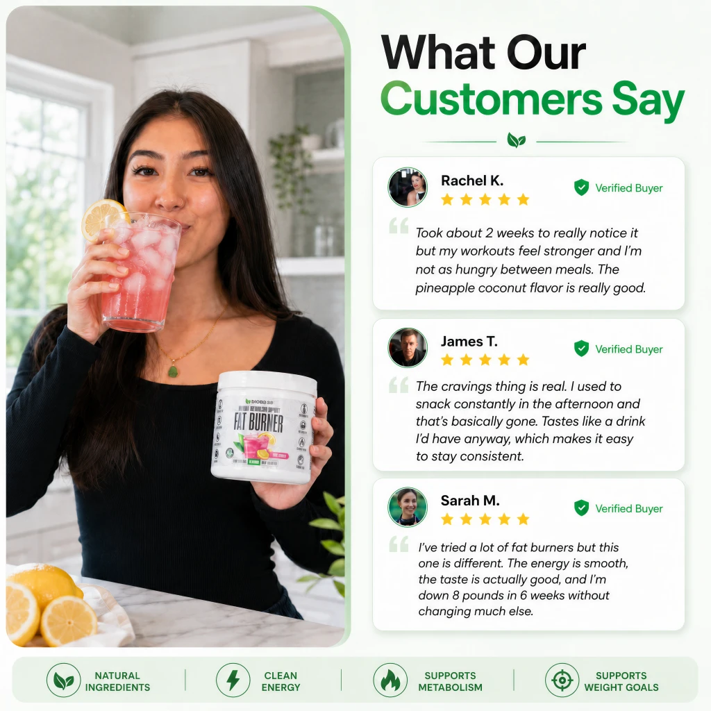 An advertisement for a fat burner supplement showing customer testimonials and a woman drinking the product.