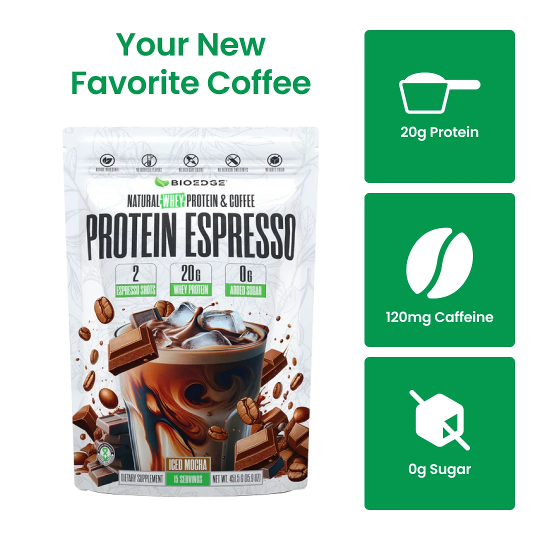 An advertisement for Bioedge Protein Espresso Iced Mocha, showing the package, a drink, and product benefits.