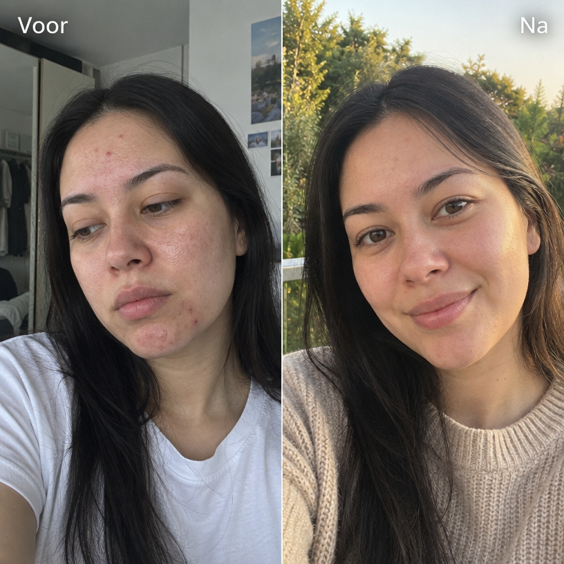 A before and after diptych of a woman, showing significant improvement in her skin's clarity and reduction of acne.