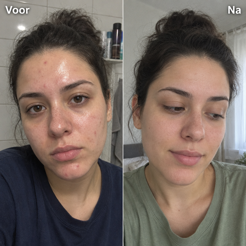 A before-and-after photo of a woman's face, showing a reduction in acne and blemishes.