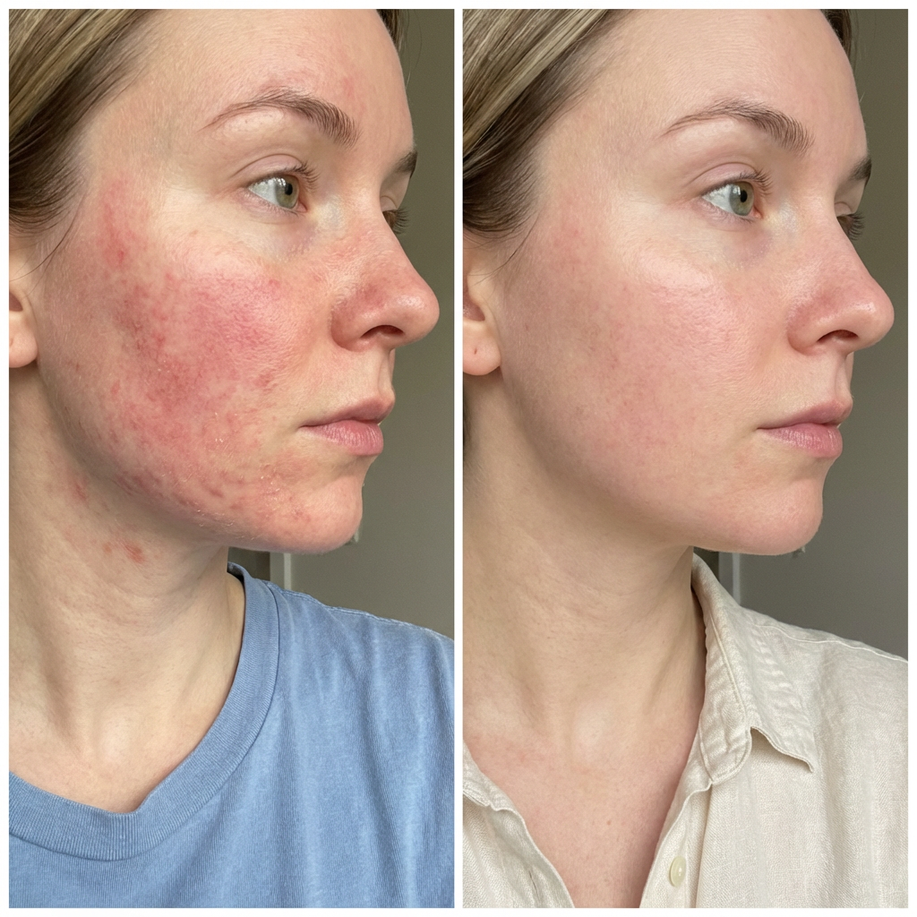 A before and after image showing a woman's face with a significant reduction in skin redness and acne.