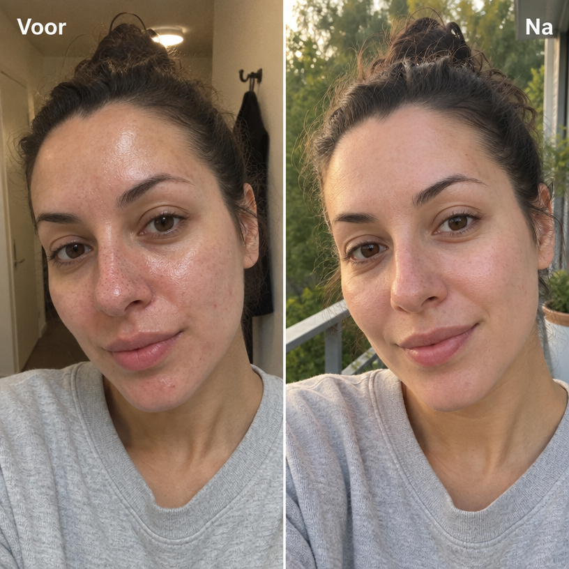 A before and after comparison of a woman's face showing a change in skin texture and reduced redness.