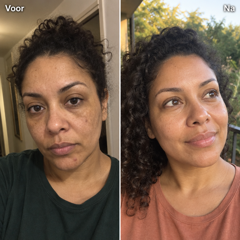 A before-and-after image of a woman's face showing a reduction in dark spots and improved skin clarity.