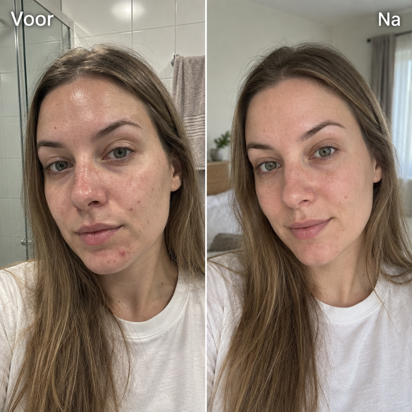 A before and after comparison showing a woman's face with a noticeable reduction in acne and blemishes.