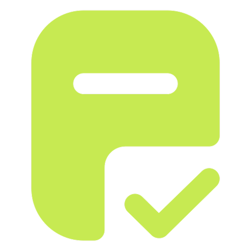 Green abstract shape with a checkmark on a white background.