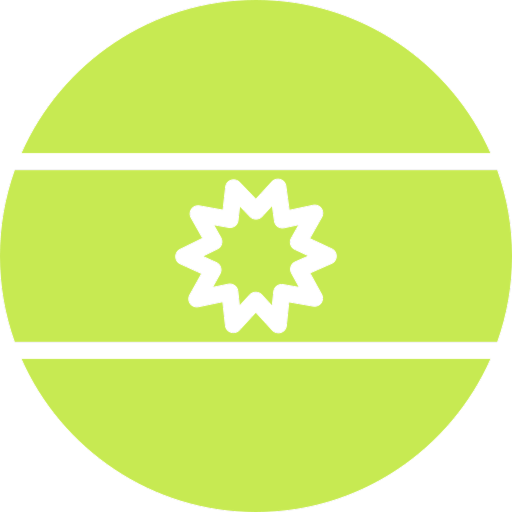 Green circle with black starburst and horizontal lines.