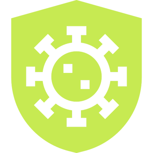 Black virus icon on a green shield background.