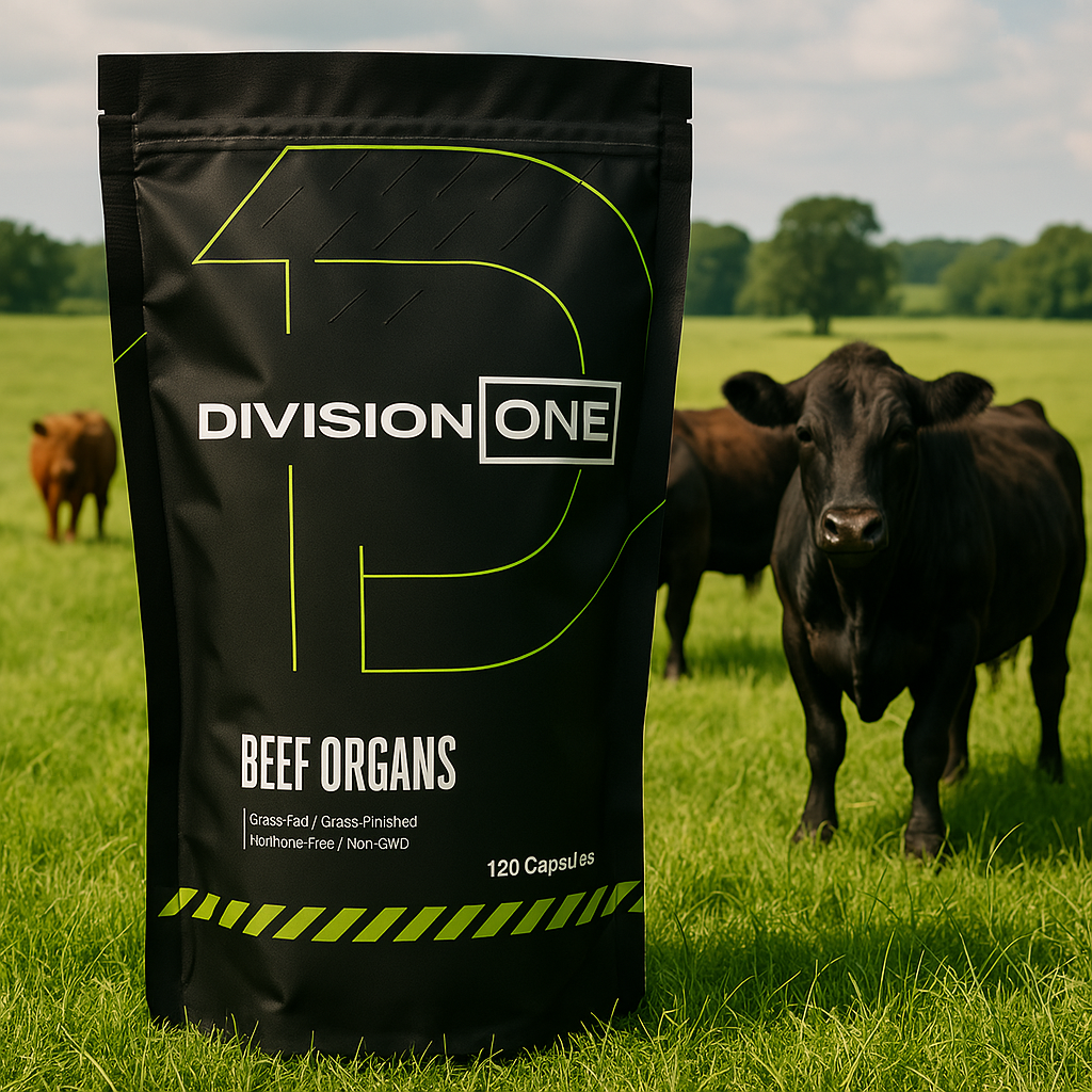 Black package labeled 'Division One Beef Organs' with cows in a grassy field.