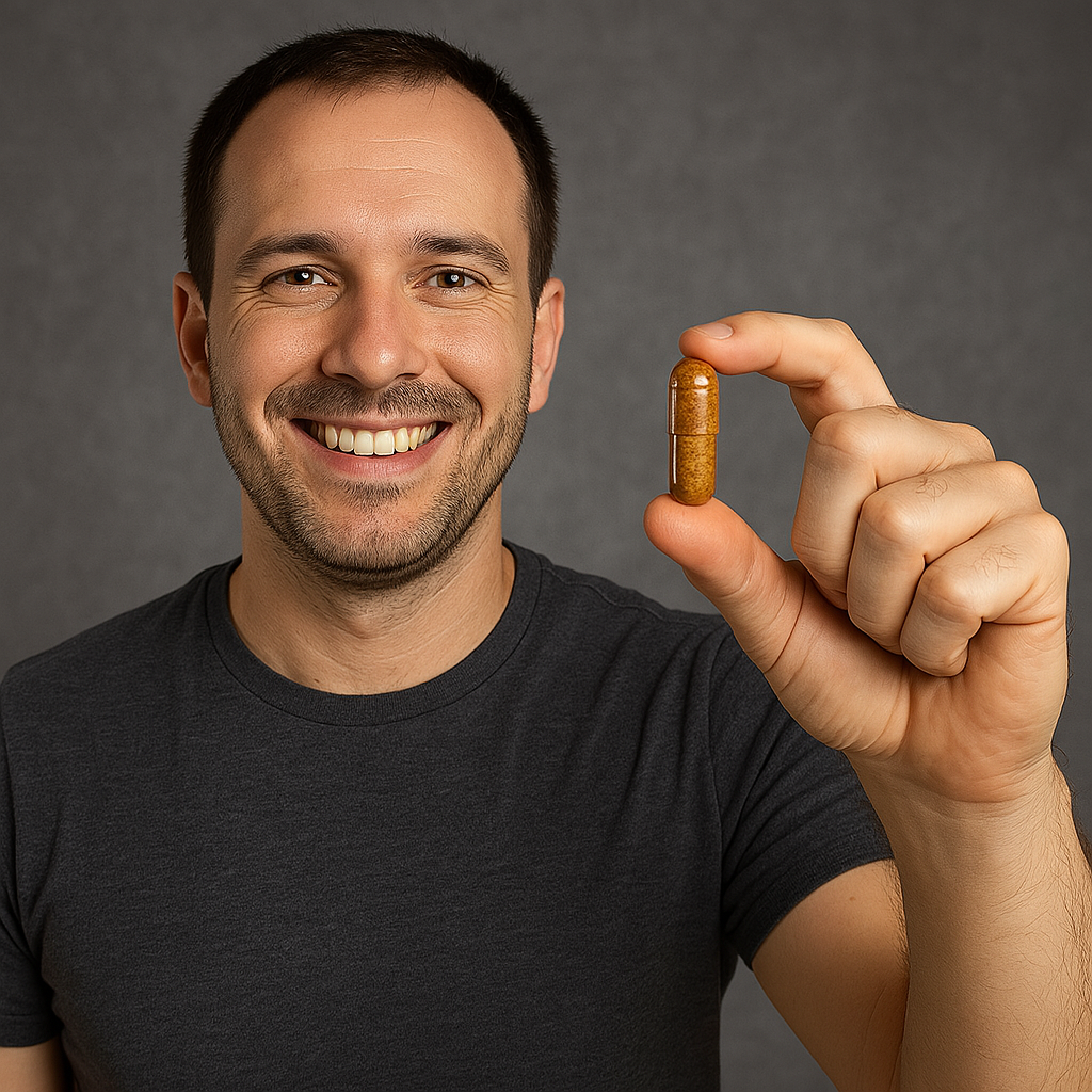 Smiling person holding a large brown capsule between fingers.
