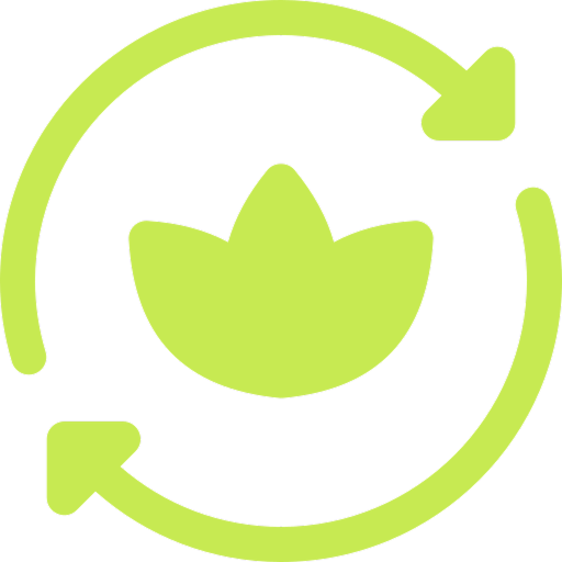 Green leaf with circular arrows around it, symbolizing recycling.