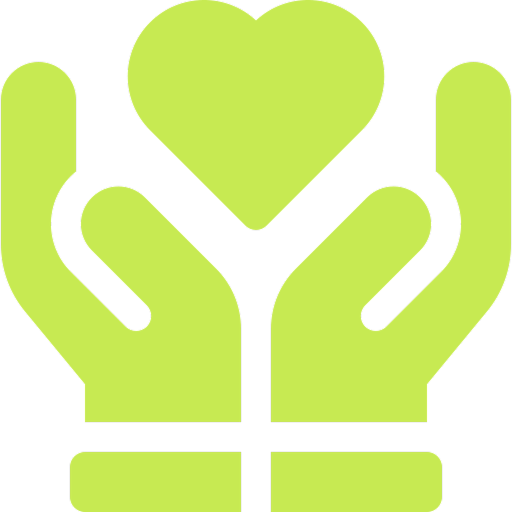 Green icon of hands holding a heart.