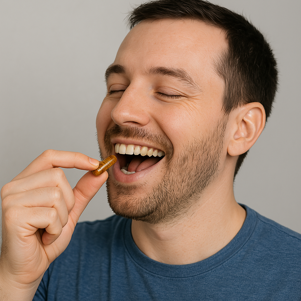 Man smiling while holding a capsule near his mouth.