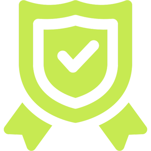 Green shield with a checkmark and ribbon.