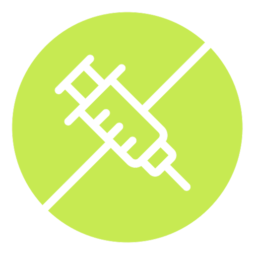 Icon of a syringe crossed out in a green circle.