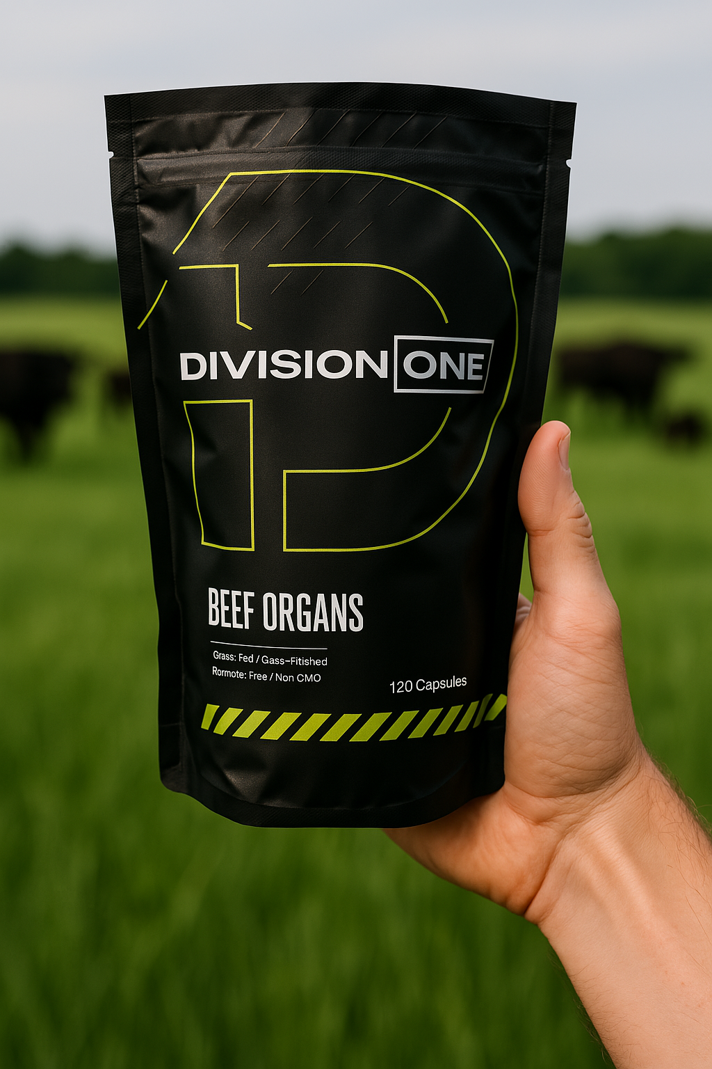 Hand holding a black package labeled 'Division One Beef Organs' in a grassy field.