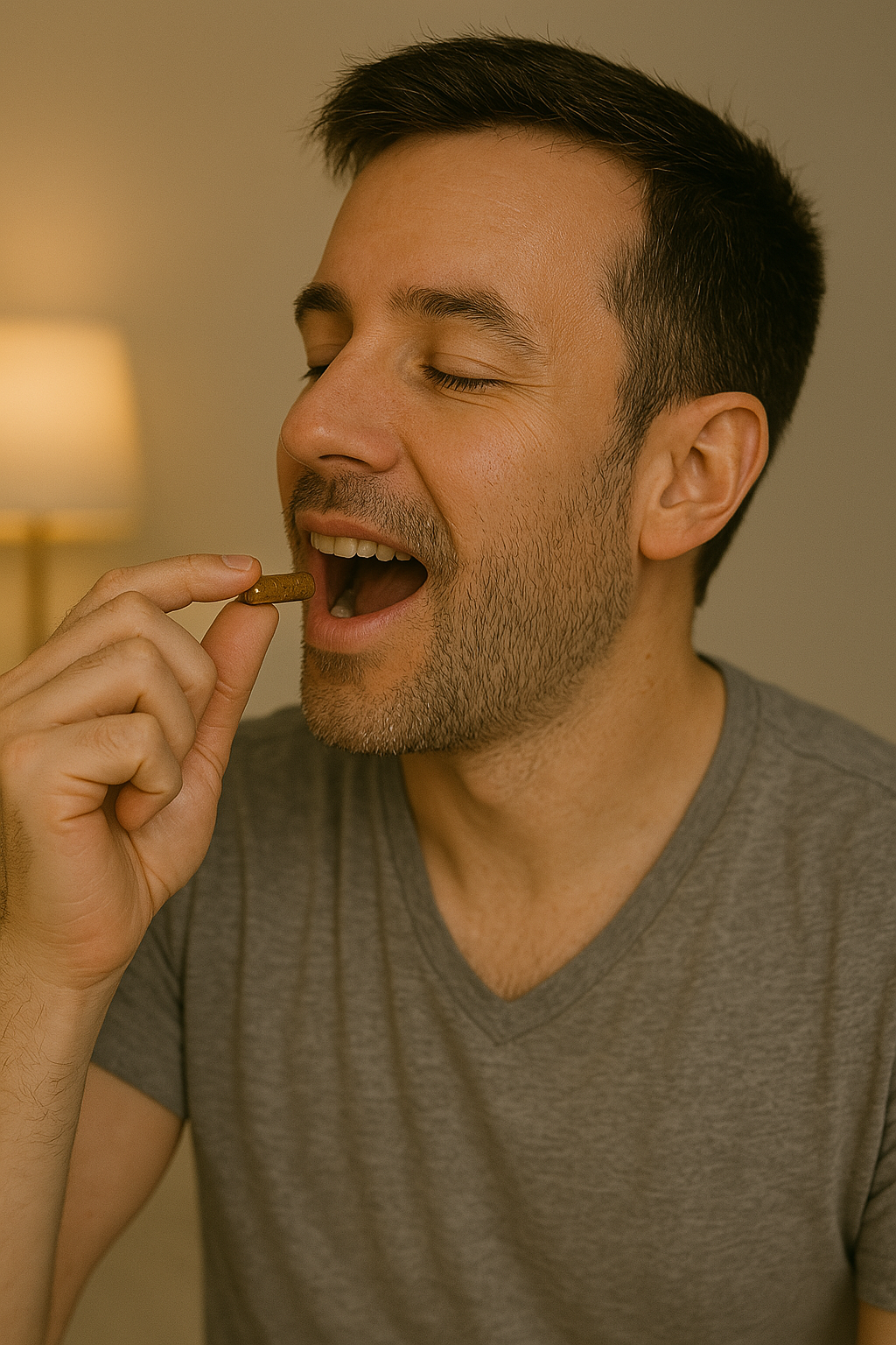 Man in gray shirt about to eat a small piece of food.