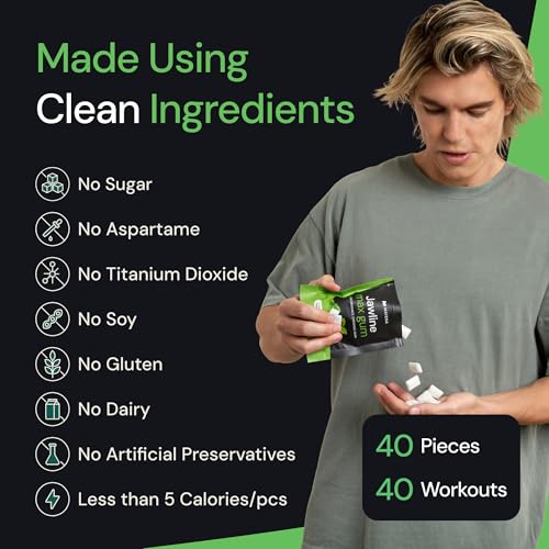 A man pours white pieces of Jawline gum from a packet into his hand next to an ingredient list.