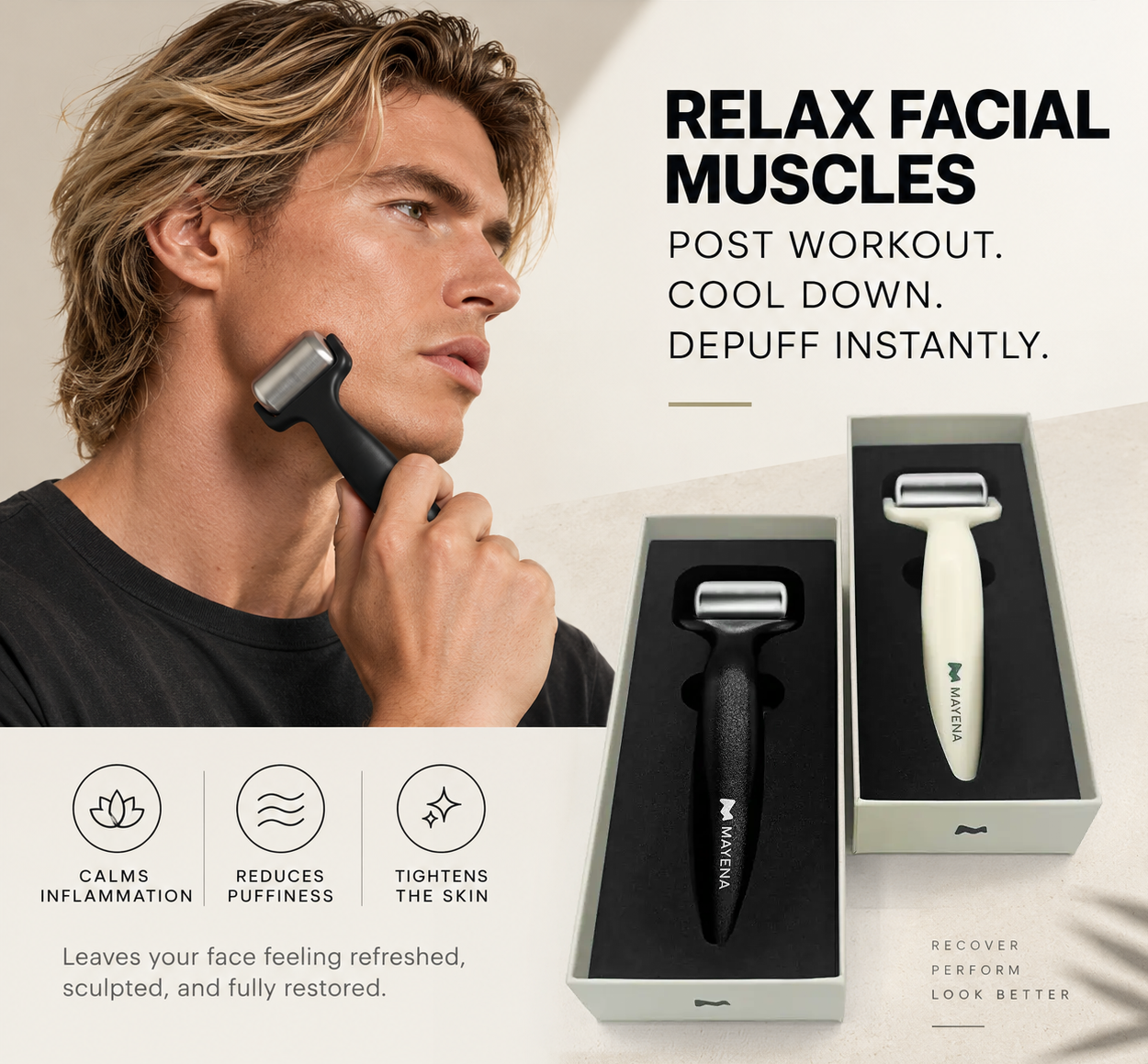 An advertisement showing a woman using a 'Full Face Trainer' mouth device to exercise her facial muscles.