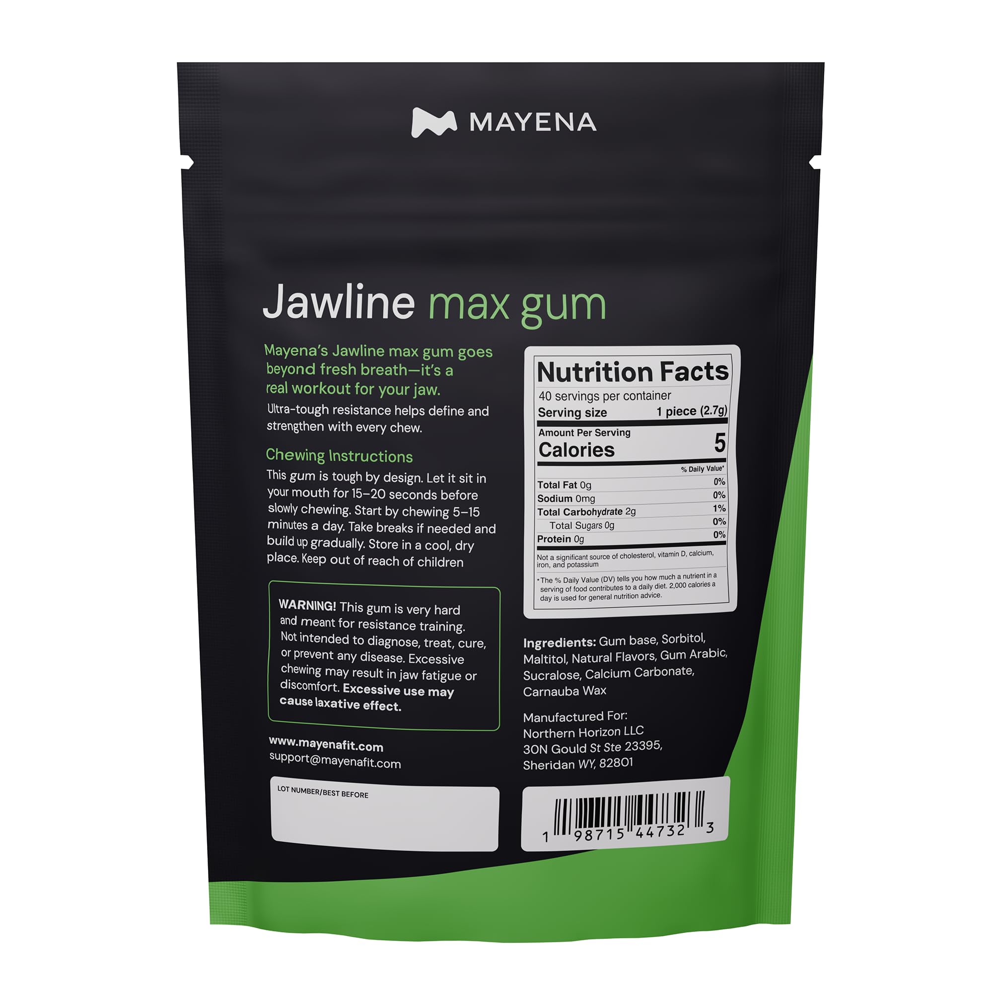 The back of a black and green pouch of Mayena Jawline max gum, showing nutritional information and instructions.