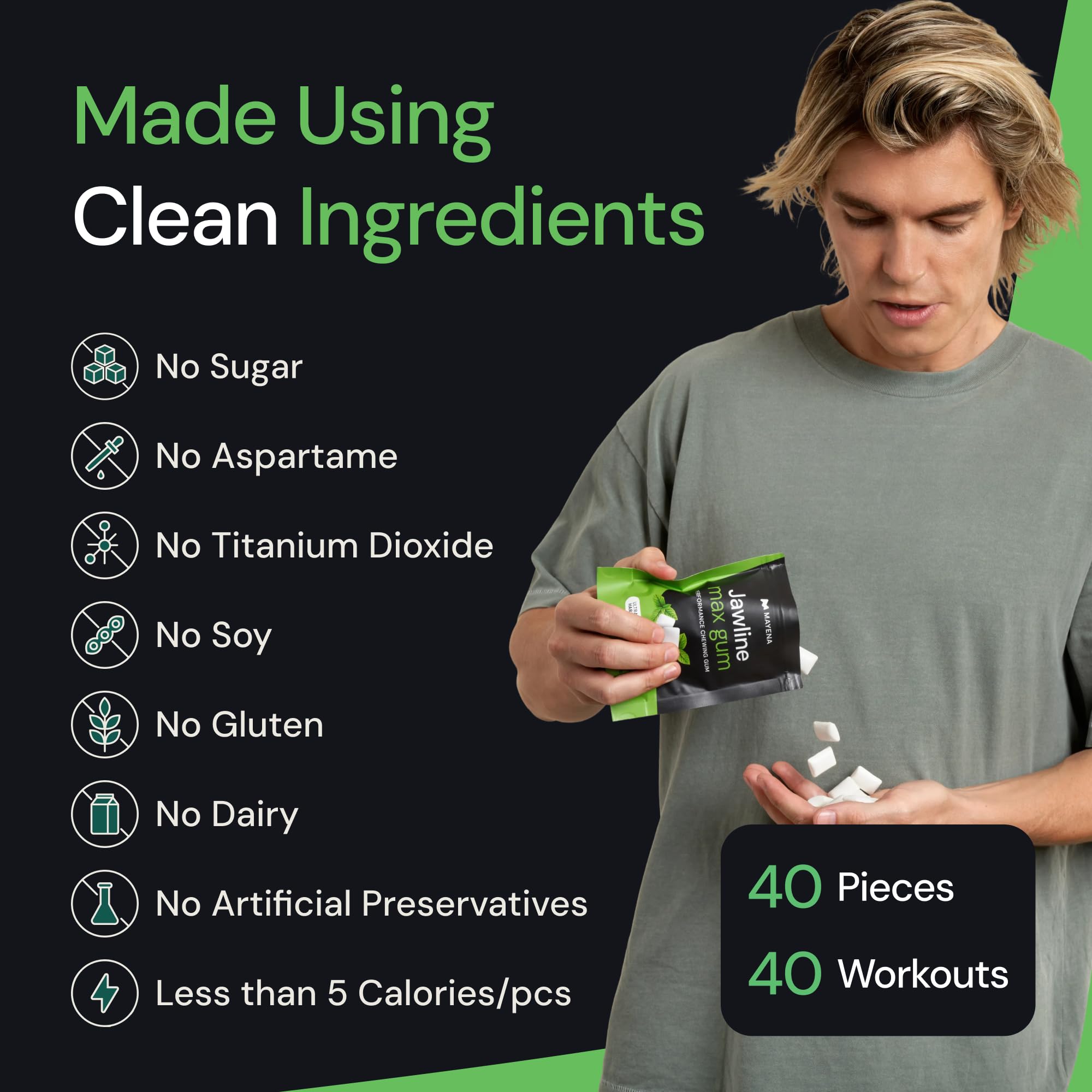 A man pours Jawline max gum into his hand, next to a list of its ingredients.
