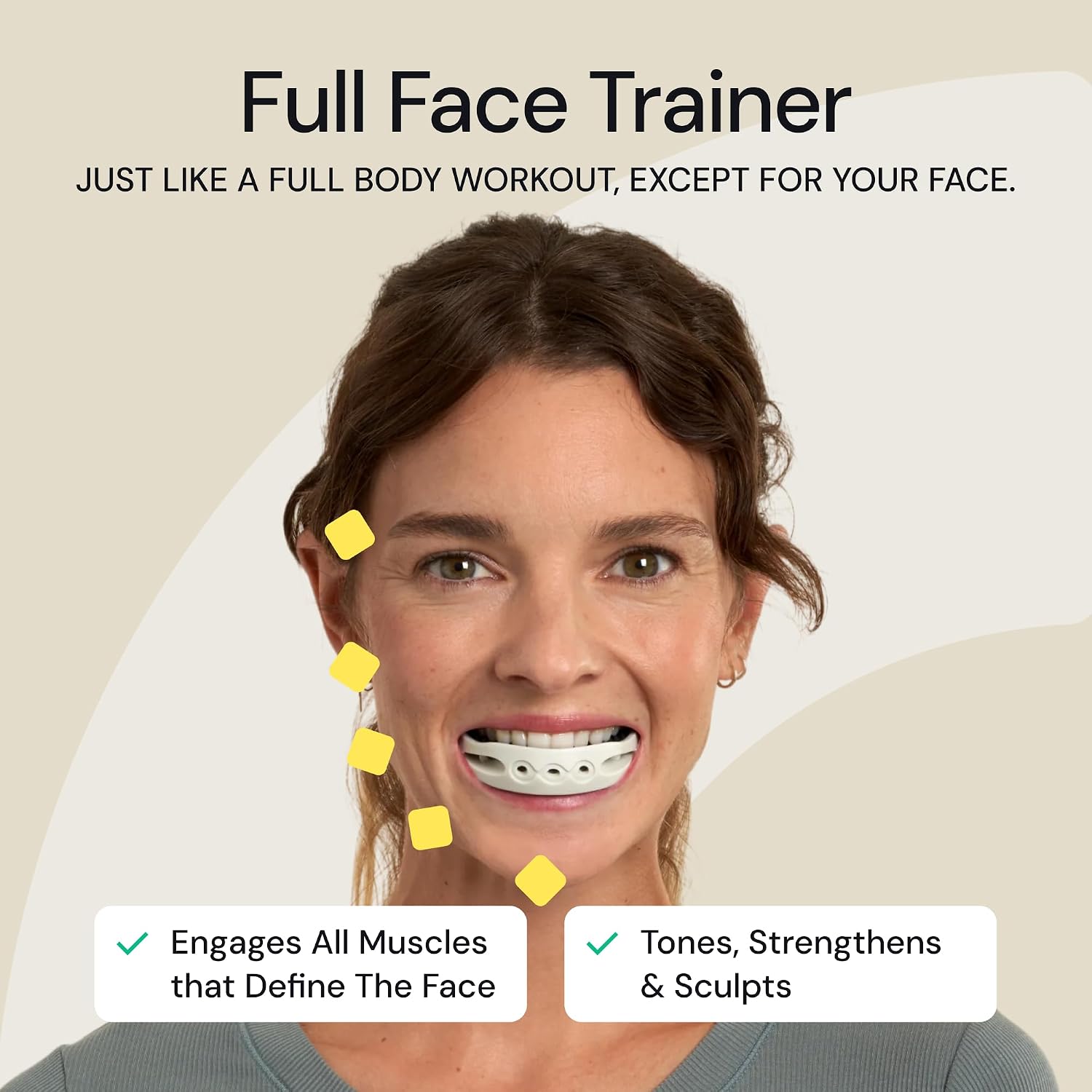 An advertisement showing a woman using a 'Full Face Trainer' mouth device to exercise her facial muscles.