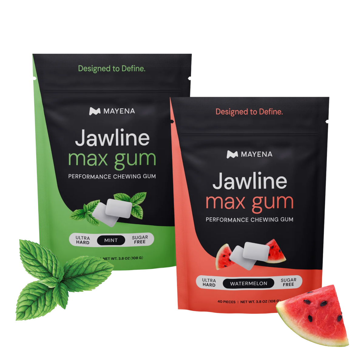 Two pouches of Mayena Jawline max gum, in mint and watermelon flavors, against a white background.