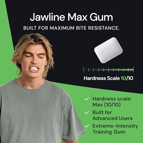 An advertisement for Jawline Max Gum featuring a man clenching his teeth and a product hardness scale.