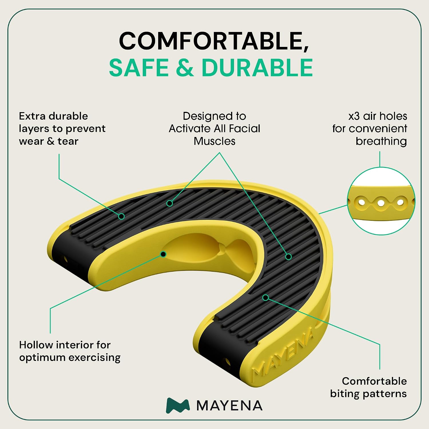 Infographic showing the features of a yellow and black Mayena jaw exerciser with descriptive callouts.