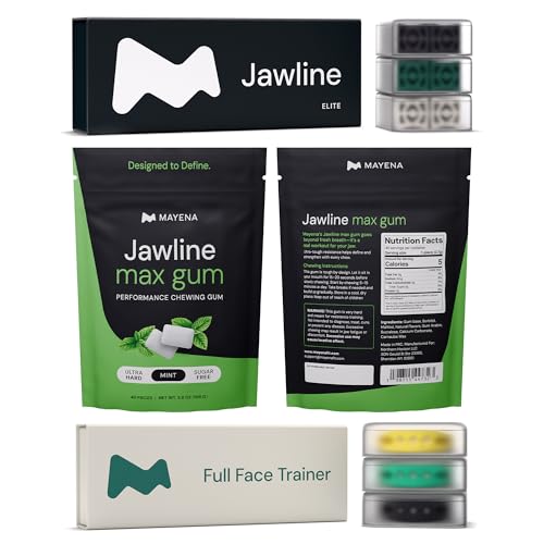 An assortment of jawline exercise products, including chewing gum and trainers, against a white background.