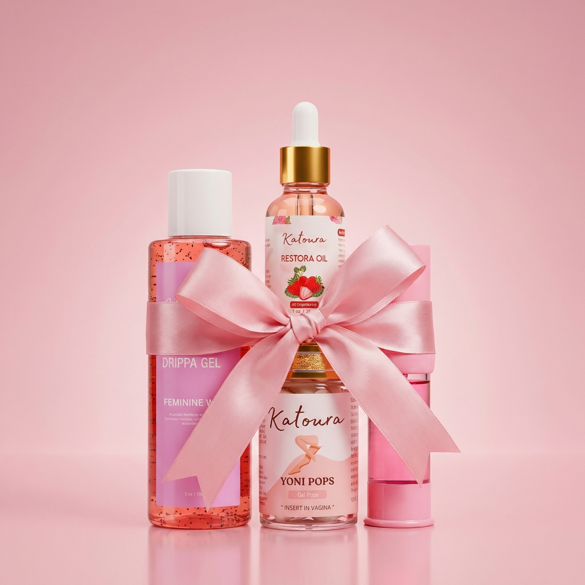 A collection of pink personal care products tied together with a large pink ribbon against a pink background.
