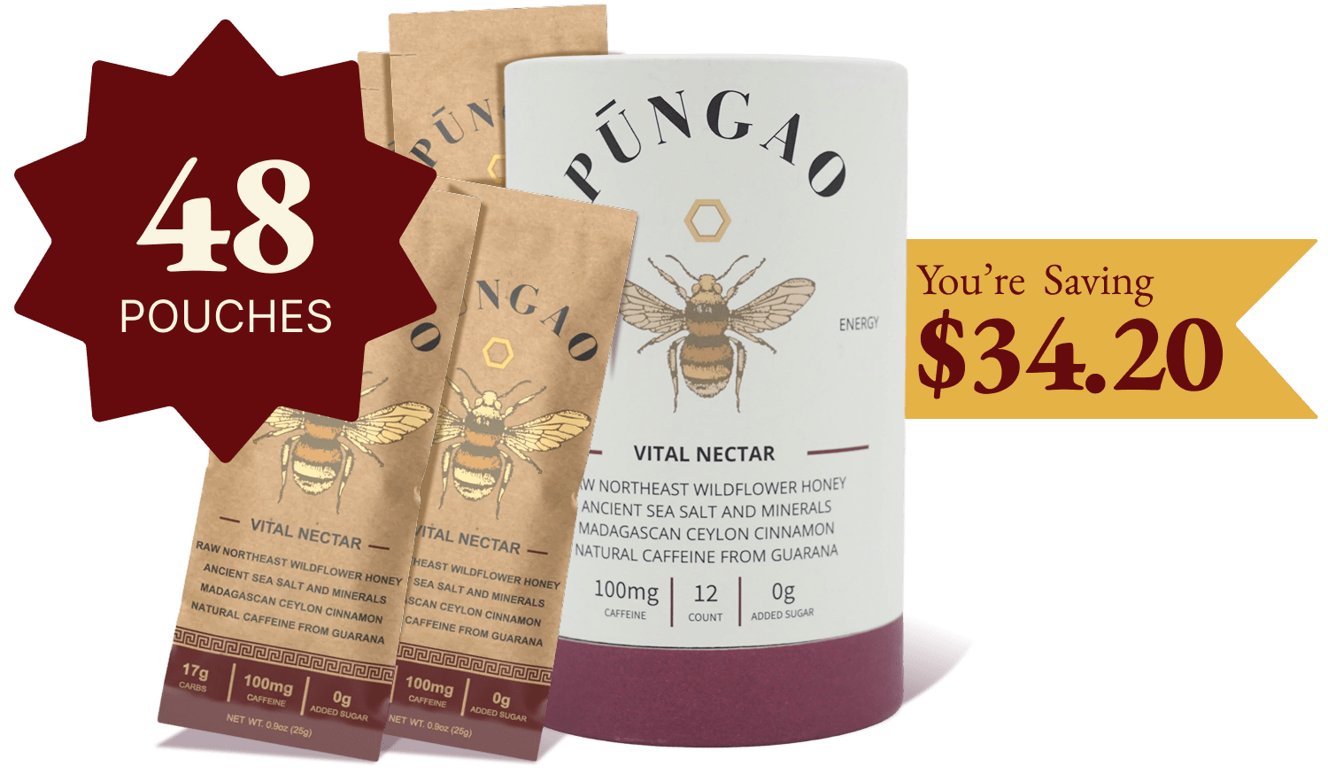 Product packaging for Pungao Vital Nectar with a bee illustration and savings offer.