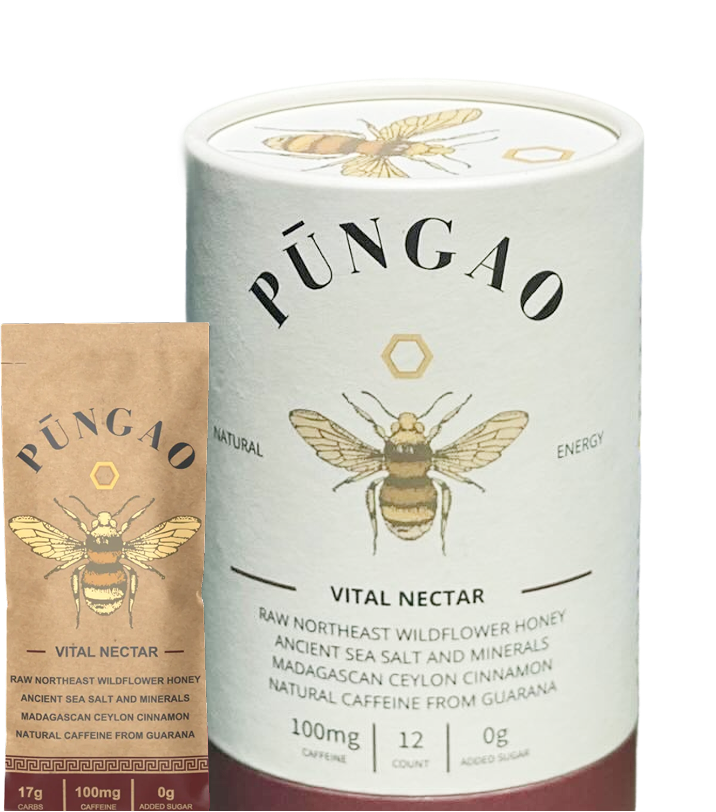 Pūngao Vital Nectar packaging with bee illustration and product details.