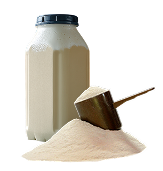 A jar of protein powder with a scoop on a pile of powder.