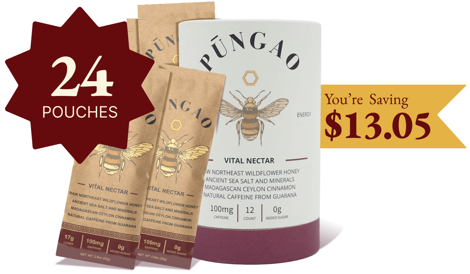 Pūngao Vital Nectar packaging with bee illustration and savings offer.