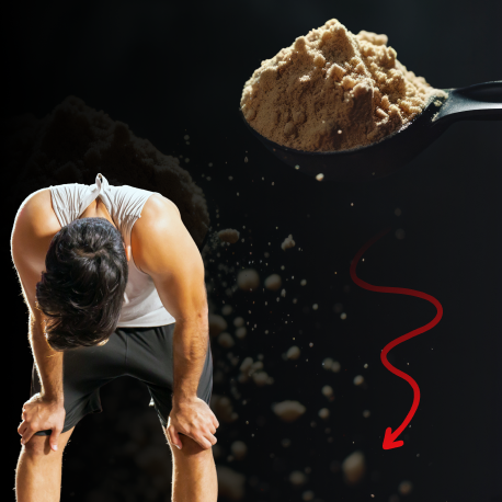 Tired man bending over with a spoonful of powder above him.