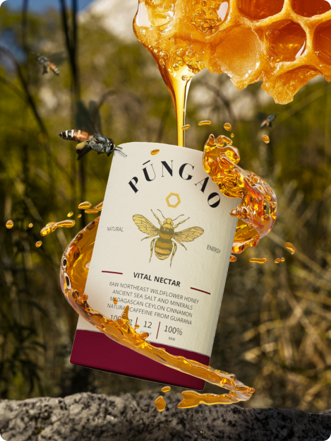A honey label surrounded by honey and bees outdoors.